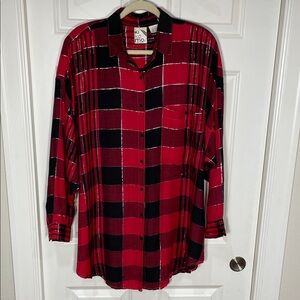 Kikomo Button Up Shirt Size 20W Plaid Red Black Gold Thread Collar Long Sleeve